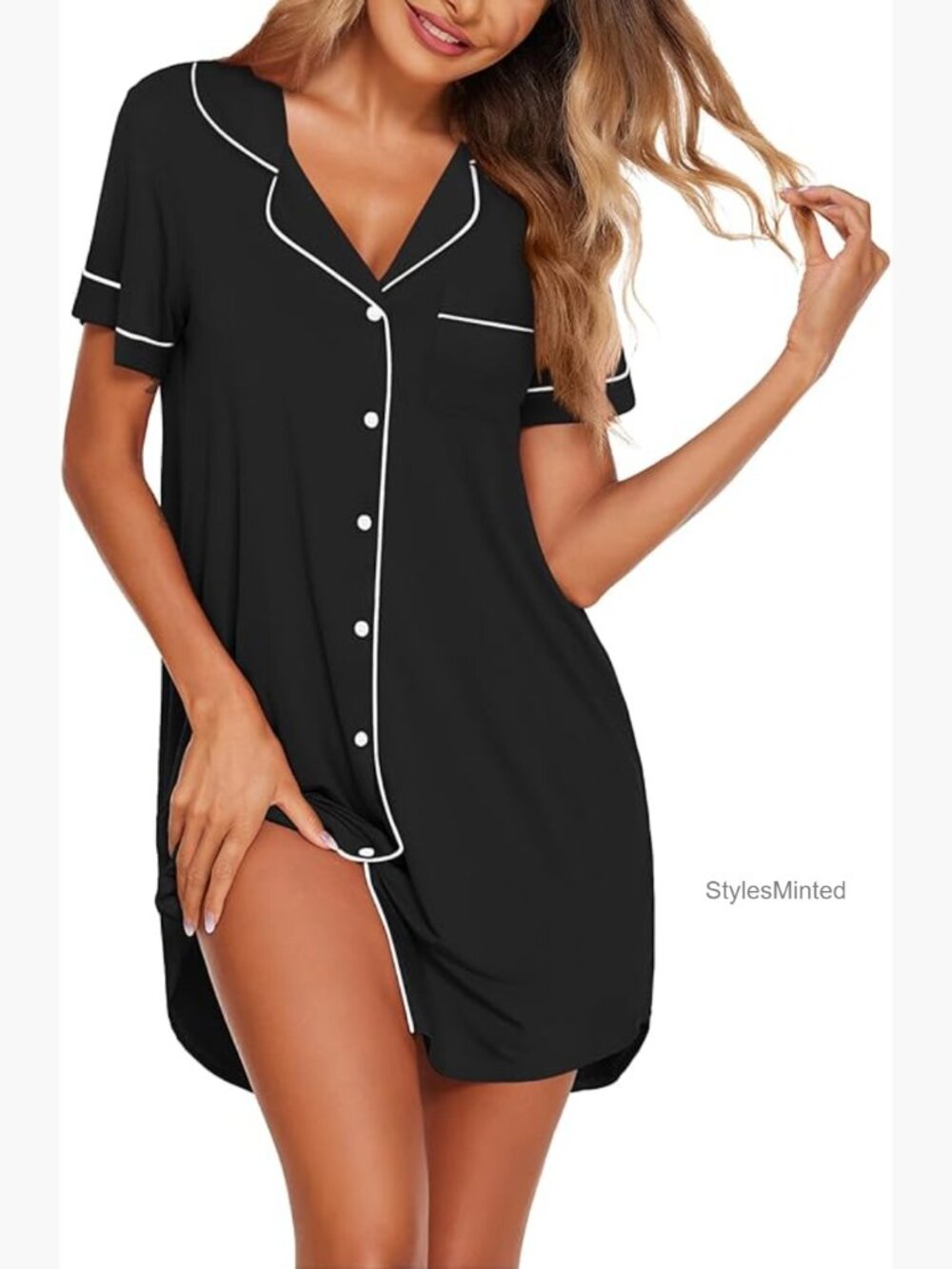 Women's Short Sleeve Button Down Sleepshirt Nightgown V Neck Pajama Dress